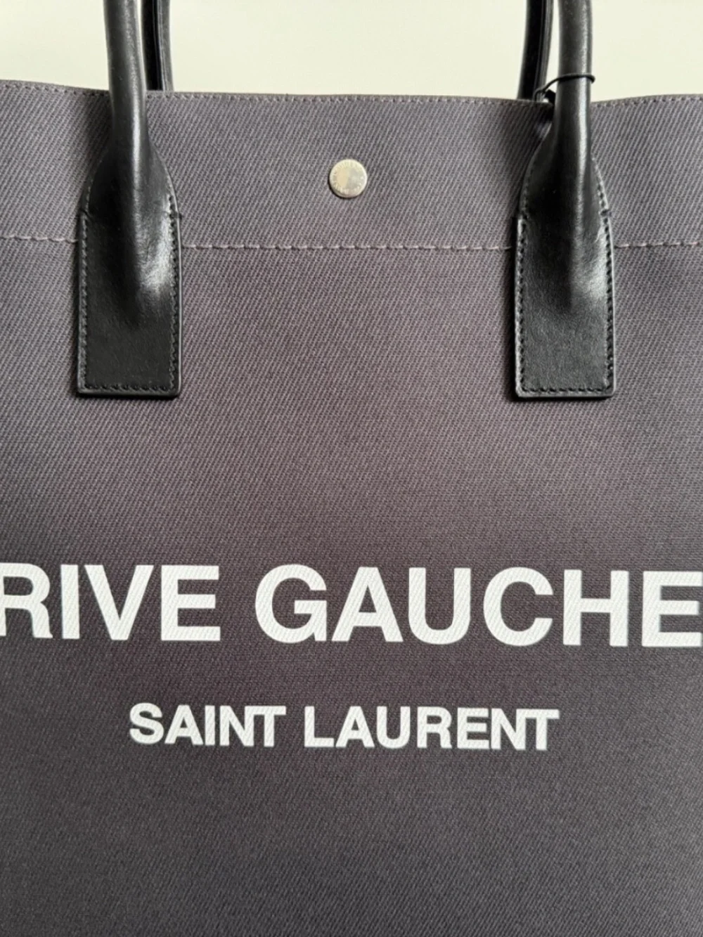 Saint Laurent YSL Rive Gauche Gray Canvas Logo Black Leather Tote Bag - Picture 8 of 16